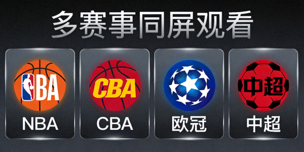 多赛事同屏观看概念图 - NBA、CBA、欧冠、中超图标汇聚