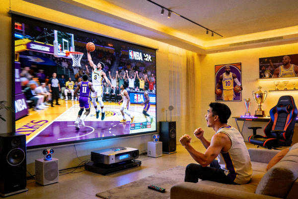 沉浸式NBA观赛体验概念图 - 球迷在家中通过大屏幕观看比赛