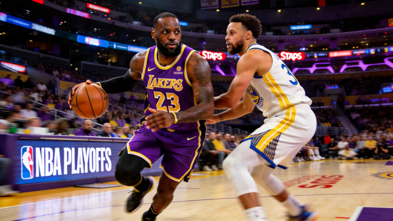 NBA季后赛湖人队对阵勇士队焦点对决高清直播画面 - 勒布朗·詹姆斯持球进攻